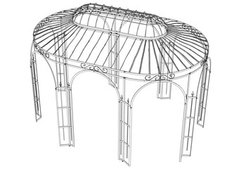 Gazebo line art vector design, featuring a shingled roof and elegant structure, set in a peaceful garden, ideal for picnics, relaxation, and nature retreats in an open outdoor space