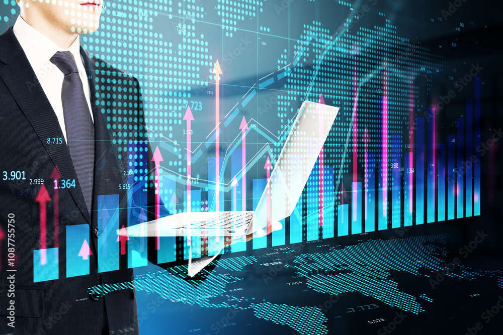 Poster headless young businessman using laptop computer with growing forex chart hologram with map on blurr