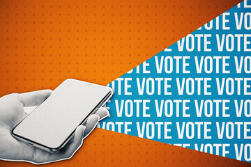 Creative online voting banner with seamless text and close up of hand holding smartphone. Vote and...