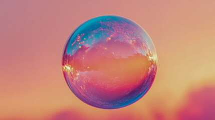 Iridescent soap bubble floating against vibrant sunset sky background outdoors