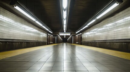 Fototapeta premium Subway Station Interior: Tiled Walls, Fluorescent Lights, and a Long Corridor