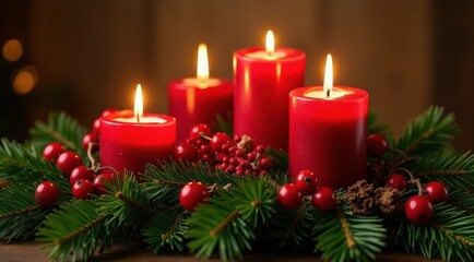 Red Christmas candles surrounded by festive greenery and berries for a warm holiday feel