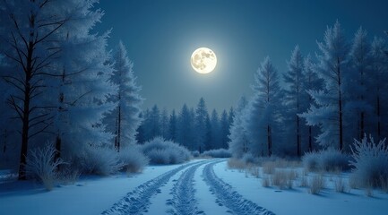 Fototapeta premium A peaceful snowy path illuminated by the full moon, surrounded by bare winter trees in a tranquil setting