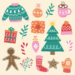 Colourful Christmas element set. Festive tree, ball, present, sock, cookie, cup, hat, sweater, gloves. Vector illustration