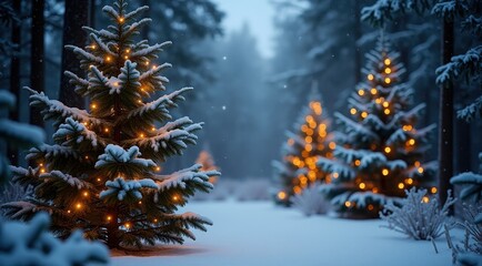 Snowy forest path lined with illuminated string lights creating a magical winter atmosphere