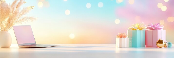 A festive workspace setup with a laptop, holiday decorations, and wrapped gifts, creating a cozy and creative environment for remote work during the holiday season.