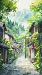 Fototapeta premium Serene bamboo forest path in traditional village setting