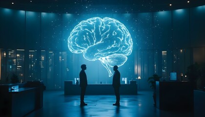 Person in front of an brain hologram background