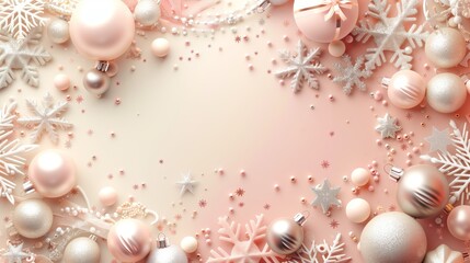 Festive Christmas background with a collection of decorative snowflakes and balls in pastel colors with ample copy space.