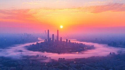 A panoramic view of a city skyline with a sun rising above the clouds.