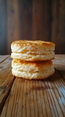 Golden Brown Biscuits Stacked on a Rustic Wooden Table