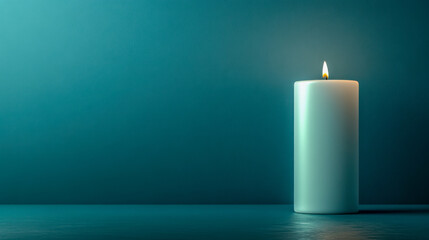 Single white candle burning against a blue background, creating a calm atmosphere