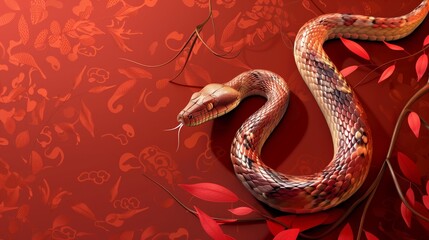 Obraz premium Elegant artwork of a highly detailed snake on a vibrant red background with Asian-inspired motifs.