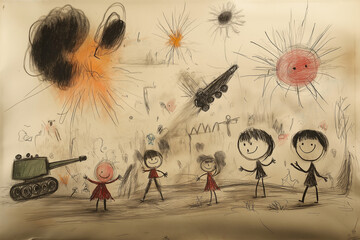 A child drawing made with colorful pencils depicting the horrors of war around children.	