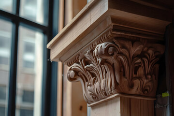 Intricate wood carvings on a column enhance the ambiance near a large window in an urban setting