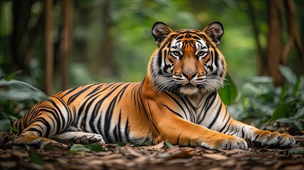 Fototapeta premium Majestic Tiger in Lush Forest: A Close-up Portrait