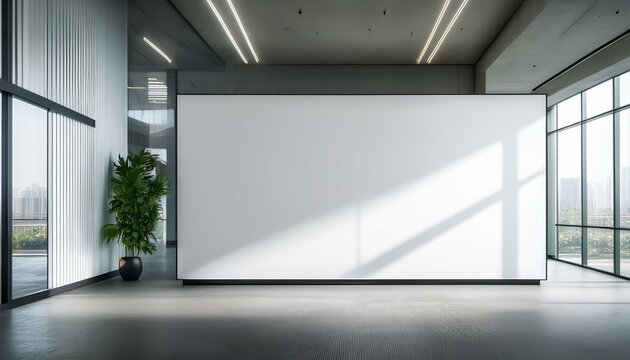An empty modern office interior with a large white mockup wall, concrete and glass elements, light-filled room, concept of space for branding. Generative AI