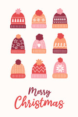 Colourful Christmas greeting card in cartoon style. Funny hand drawn winter hats. Vector illustration
