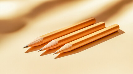 Three yellow pencils on a beige surface under bright lighting
