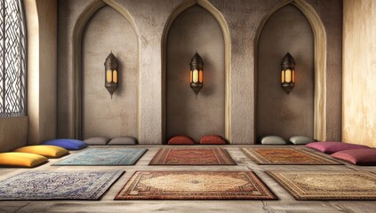 Arabic living room with traditional fabric seating, wall shelves, and old carpet