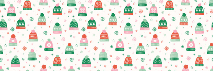 Colourful hand drawn winter hat background. Christmas seamless texture. Banner. Vector illustration