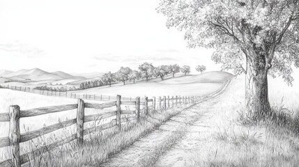 Pencil Drawing of a Countryside Landscape with a Winding Path and a Wooden Fence