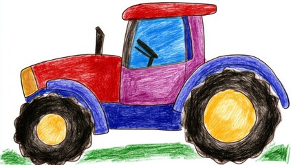 Simple children&rsquo;s crayon drawing of an open tractor on white background