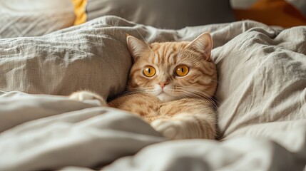 Cute Orange Tabby Cat Resting in Bed