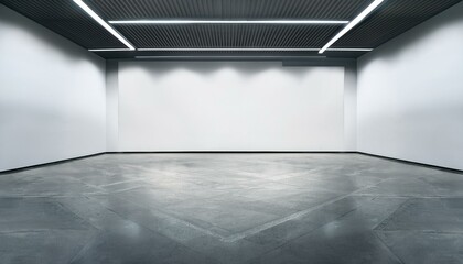 Obraz premium Modern bright gallery with blank white wall background and concrete grey floor. 3D Rendering, mockup