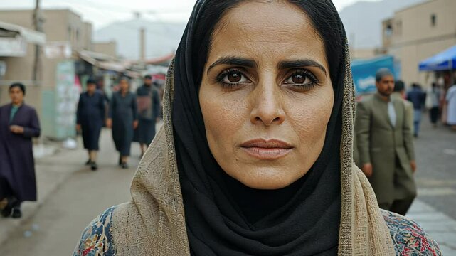 A Resilient Woman Expresses Hope Amidst Urban Life in a Bustling Market in Kabul, Afghanistan During Early Morning Hours