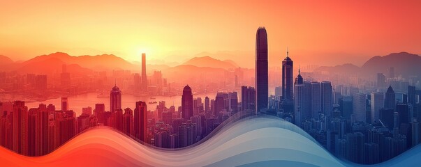Fototapeta premium Futuristic architecture with Hong Kong skyline at sunrise