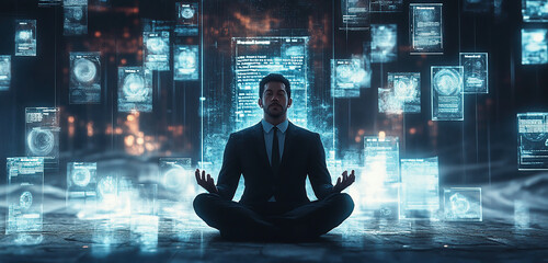 Meditating businessman surrounded by holograms with messages.