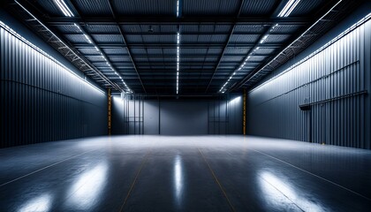 Obraz premium Modern empty hangar interior with industrial lighting and dark walls. 3D Rendering