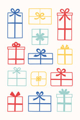 Colourful hand drawn gift boxes set. Christmas decoration. Vector illustration