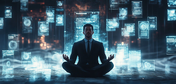 Meditating businessman surrounded by holograms with messages.