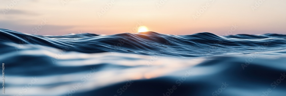 Poster the sun rises above the horizon, casting warm light on the calm ocean waves that gently lap against 