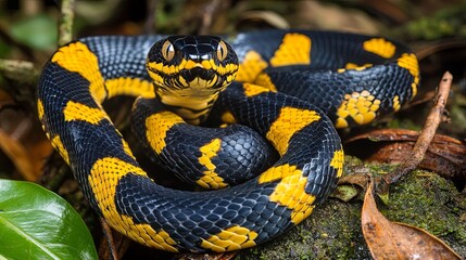Obraz premium Black and Yellow Snake Close-up in Forest