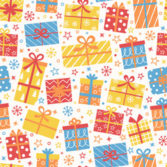Colourful seamless pattern with cute cartoon presents. Banner. Vector illustration