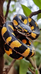 Fototapeta premium Black and Yellow Snake Coiled on Branch