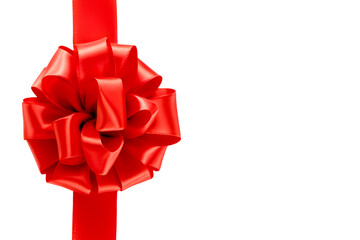 Big one shiny red ribbon bow vertical overlay template isolated on white background with clipping path, object for creative design decoration