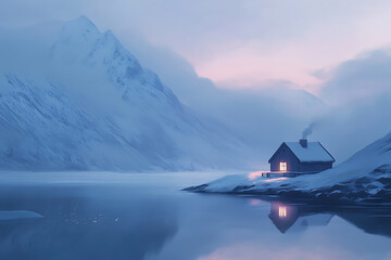 Fototapeta premium A cozy cabin by a tranquil lake in a snowy mountain landscape at dusk with a warm glowing light