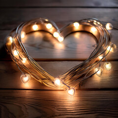 Obraz premium Circular LED string lights form a heart pattern on a wooden table surface, taken with a focus on the soft light