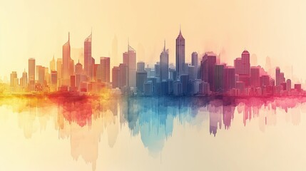 Obraz premium Vibrant Skyline Reflection with Gradient Colors in Watercolor