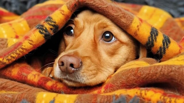 a brown dog with expressive eyes peeking out from under a warm, cozy blanket. The blanket is patterned with orange, yellow, and black colors, giving it a plaid-like appearance