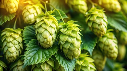 Fototapeta premium Close-up of fresh beer hops leaves with intricate details and patterns, botanicals, close-up photography, flora