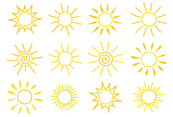 Hand drawn sun icon collection. Summer design. Vector illustration