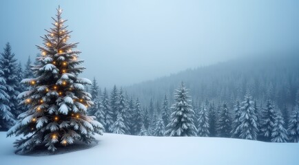 Fototapeta premium Lone decorated Christmas tree glowing in a snowy field surrounded by winter pines