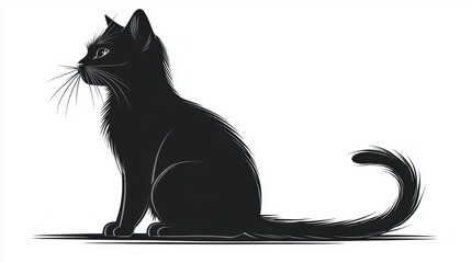 A stylized silhouette of a sitting black cat captures elegance and mystery, perfect for designs related to pets, animal care, or Halloween themes, Ideal for illustrations or logos,