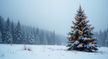 Obraz premium Lone decorated Christmas tree glowing in a snowy field surrounded by winter pines
