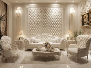 Fototapeta premium Elegant White Living Room With Ornate Furniture And Wall Decor